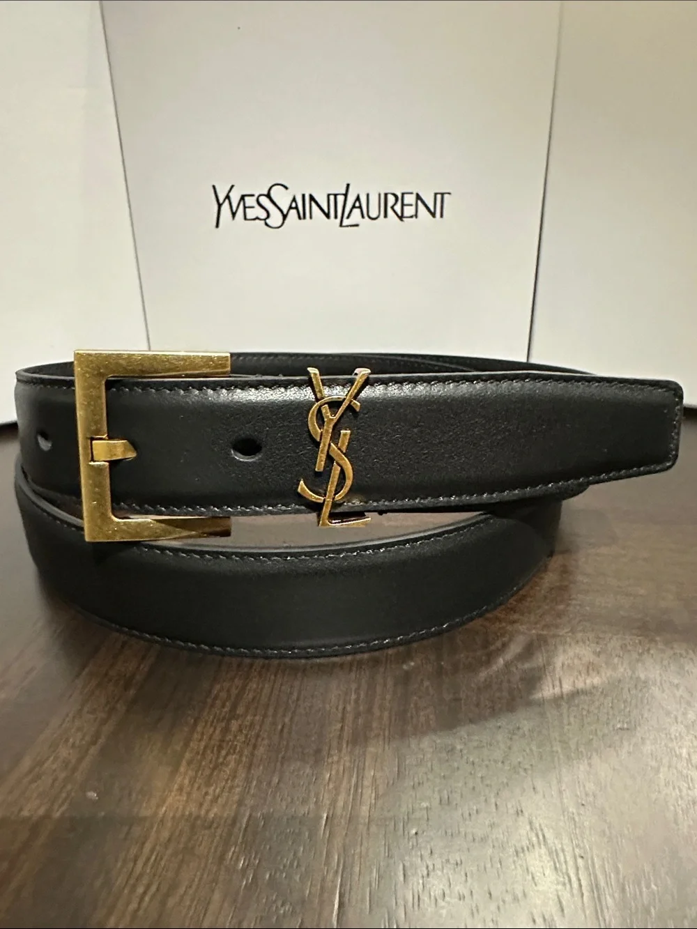 Yves Saint Laurent Black Leather Belt with Gold YSL Monogram Buckle